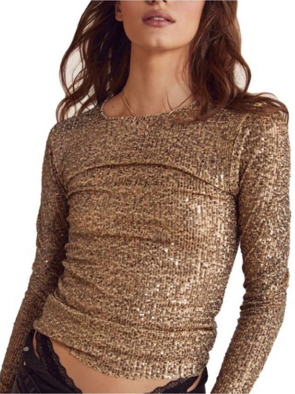 Free People Intimately Top Womens XS Gold Rush Long Sleeve Sequin Shiny